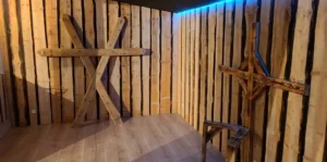 Kink Club Denmark play room with wooden BDSM equipment Skive Denmark