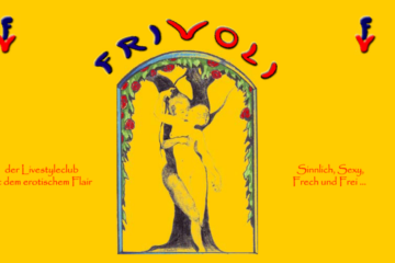 Frivoli Club Vienna vintage logo artwork showing sensual couple illustration with yellow background and erotic lifestyle club theme