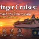 Luxury cruise ship at sunset with elegant typography promoting a complete guide to swinger cruises, lifestyle travel, first-time tips, and onboard experiences.