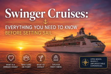 Luxury cruise ship at sunset with elegant typography promoting a complete guide to swinger cruises, lifestyle travel, first-time tips, and onboard experiences.