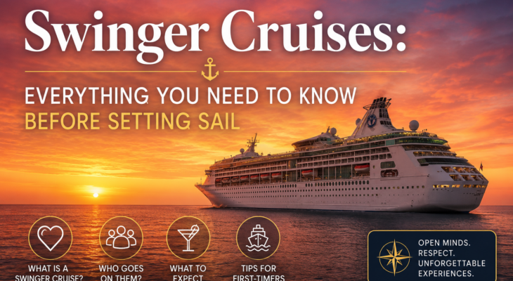 Luxury cruise ship at sunset with elegant typography promoting a complete guide to swinger cruises, lifestyle travel, first-time tips, and onboard experiences.