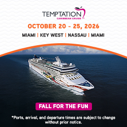 Promotional banner for Temptation Caribbean Cruise, October 20–25, 2026. The graphic features a large white cruise ship sailing on blue ocean waters. Text at the top reads "Temptation Caribbean Cruise" and lists the itinerary: Miami, Key West, Nassau, Miami. A bright pink banner near the bottom says "Fall for the Fun." Small text notes that port, arrival, and departure times are subject to change.