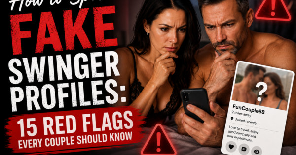 Couple checking a suspicious dating profile illustrating how to spot fake swinger profiles and common online dating red flags.