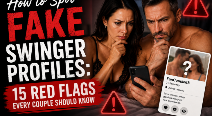 Couple checking a suspicious dating profile illustrating how to spot fake swinger profiles and common online dating red flags.