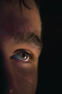 Close-up of an eye representing voyeurism and the excitement of watching a hotwife experience from a distance.